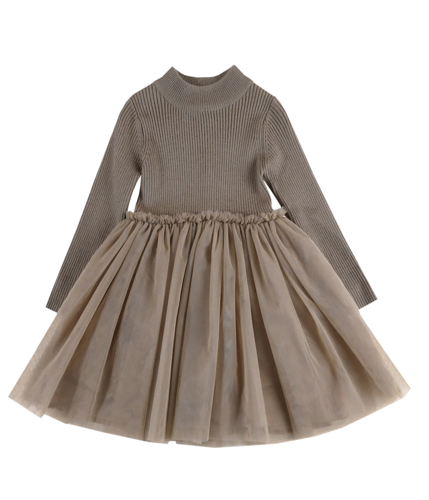 Abito Bambina Maglia e Tulle-Taupe