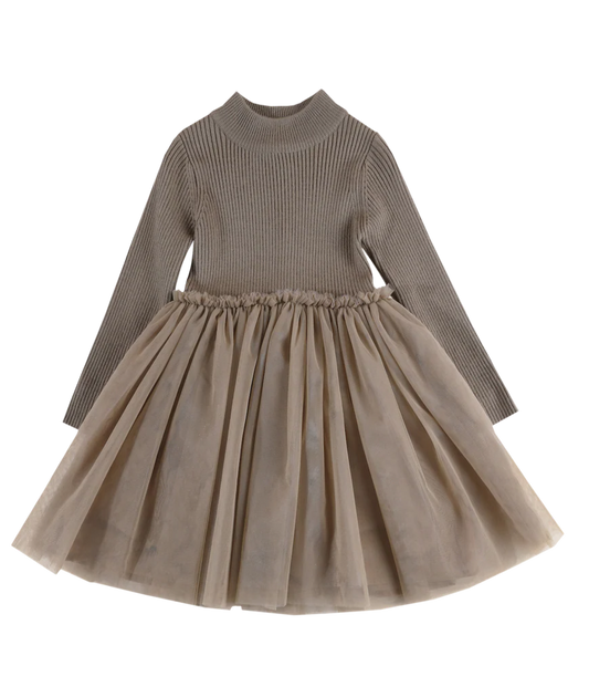 Abito Bambina Maglia e Tulle-Taupe